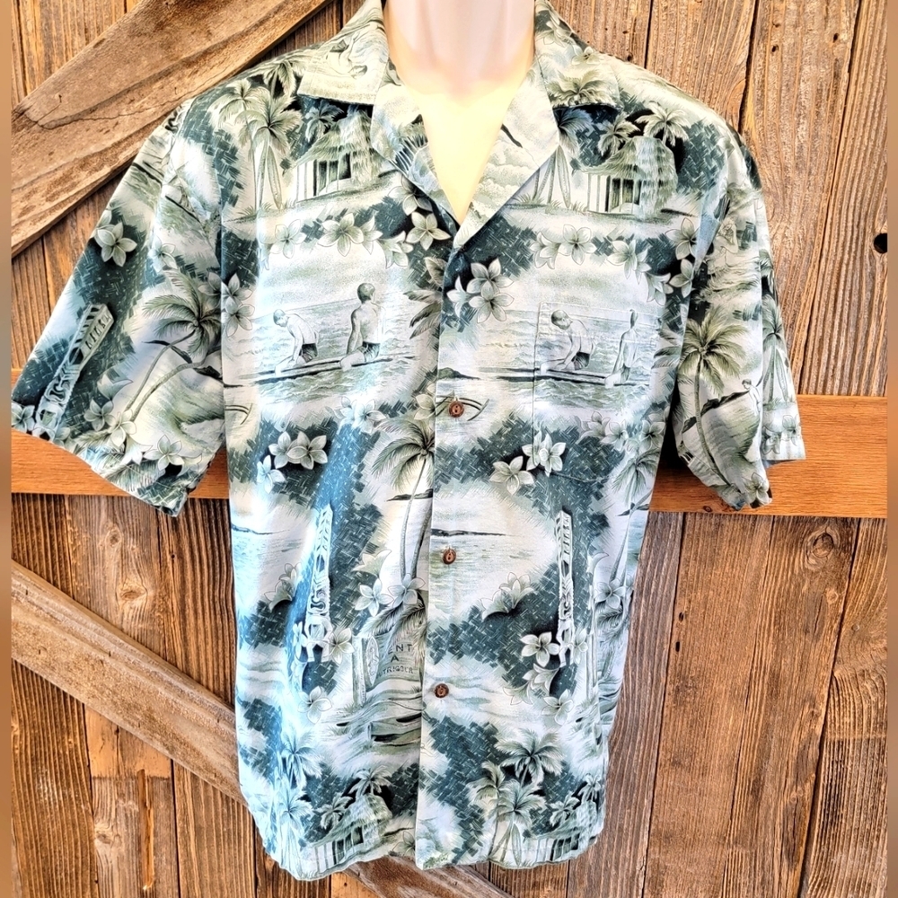 Pacific Legend Men's Hawaiin Short Sleeve Button Down Shirt Size L large teal